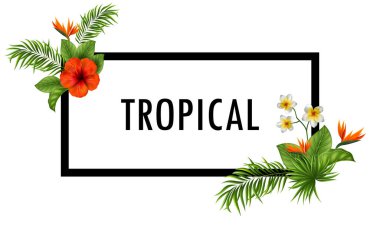 Yapraklı ve yazılı tropikal çiçek, pankart, davetiye veya diğer tasarım için