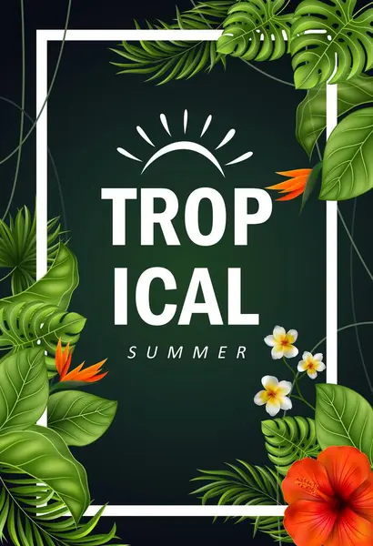 Siyah üzerine tropik yapraklar ve çiçekler. yaz vektörü arkaplanı.