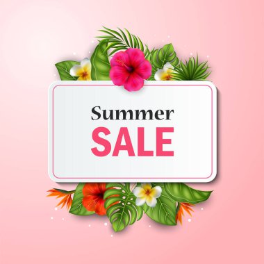 Çiçekli vektör satışı afişi ve pembe arka planda tropikal palmiye yaprakları.