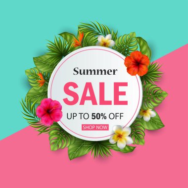 Tropikal çiçekli yaz satışı şablonu. Pankart, poster, tebrik kartı, davetiye veya broşür tasarımı için vektör çizimi.