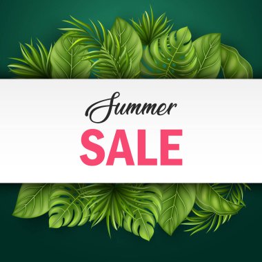 Yapraklı tropikal satış afişi.