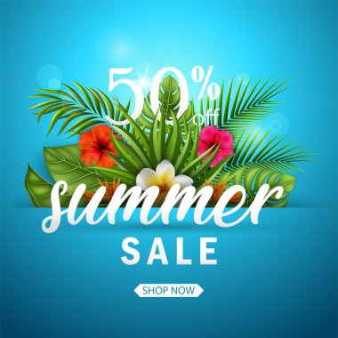 Yaz indirimi afiş tasarımı. Tropikal çiçekler ve tropikal yapraklarla dolu yaz indirimi posteri. vektör illüstrasyonu.
