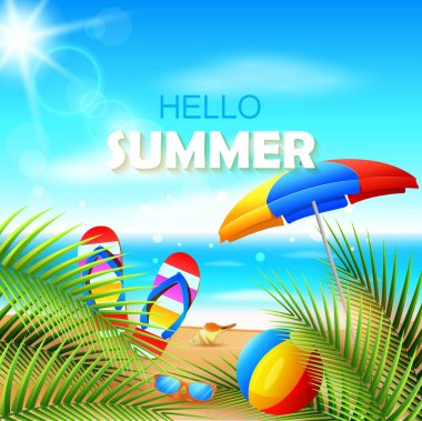 Plaj elementleriyle yaz arkaplanının vektör çizimi. yaz tatili