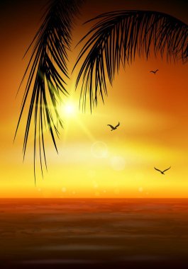 Yaz arkaplanında gökyüzünde martılarla Palmiye ağaçlarının siluetinin vektör çizimi