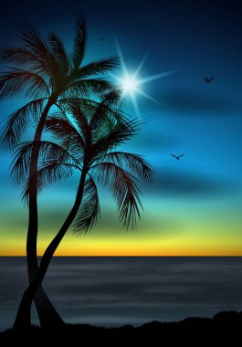 Yaz arkaplanında gökyüzünde martılarla Palmiye ağaçlarının siluetinin vektör çizimi
