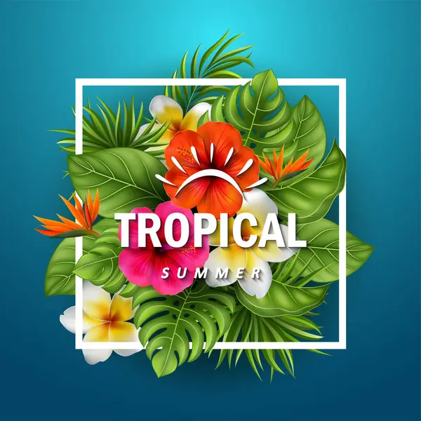 Çiçek ve yapraklı tropikal yaz afişi