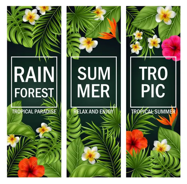Yaprakları, tropikal palmiyeleri, amber çiçekleri ve plumeria çiçekleri olan egzotik yaz pankartları. yaz tasarımı için yaz arkaplanı.