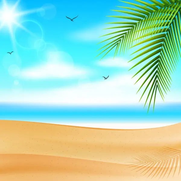 Tropikal palmiye yaprakları kumlu bir sahilde güneş ve vektör arka planda. 10 vektör çizimi