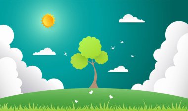 Ağaçlı ve bulutlu yeşil çimlerin vektör çizimi