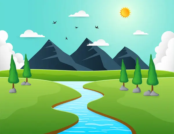 Dağ nehri ile vektör düz illüstrasyon.