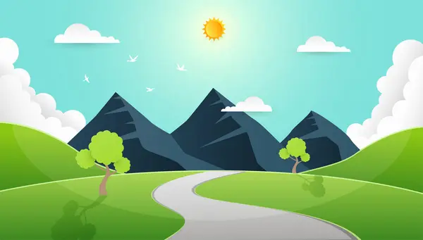 Dağlı, ağaçlı, tepeli ve bulutlu yeşil doğanın vektör çizimi