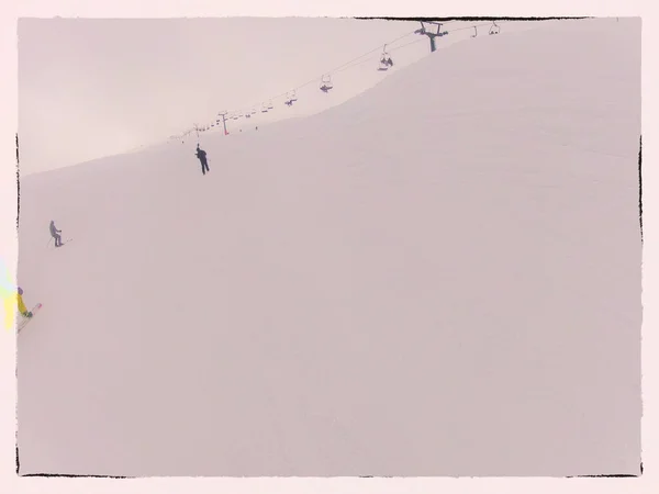 Winter ski resort. People go snowboarding. Post-processing.