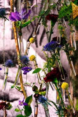 Cam test tüplerinde çiçekler. Çiçek kompozisyonu. İpte asılı duran test tüplerindeki çiçekler.