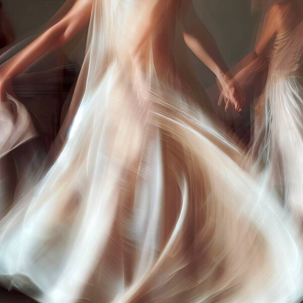 Dancing women in white dresses. The photo is motion blurred