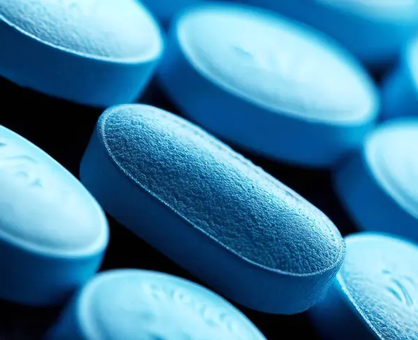 Blauwe Pillen Van Dichtbij Farmaceutische Achtergrond Rechtenvrije Stockfoto's
