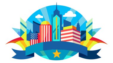 Yuvarlak şehir logosu ve Amerikan bayrağı. Binalar renkli ve mavi gökyüzüne karşı duruyorlar. Görüntünün altında yazı için çalışan bir gökkuşağı kurdelesi var ve tüm sahnenin etrafında bir pankart var.