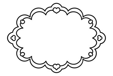 Siyah çerçeveli beyaz arka plan. Çerçevenin içinde üzerine kalpler çizilmiş, dekoratif bir sınır oluşturan beyaz bir oval var. Bu tasarım çerçeveye zarafet ve stil katar..