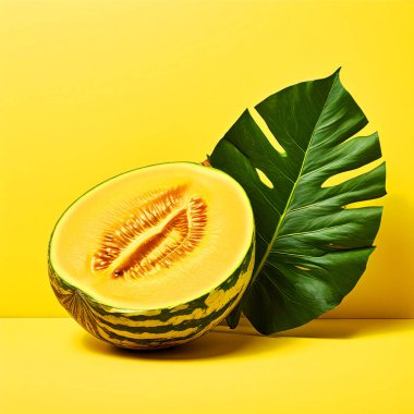 Sarı arka planda yarım tatlı kavun. Yakınlarda yeşil bir yaprak var.