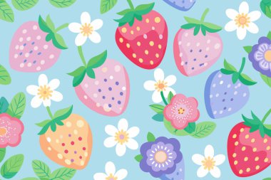 Beyaz çiçekli çilekleri tasvir eden mavi bir arka plan. Resim pastel renklerde yapılmıştır.