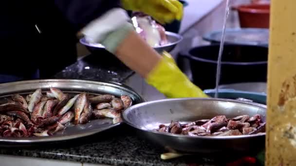 Frischer Fisch Wird Auf Dem Markt Verkauft Fische Waschen Und — Stockvideo
