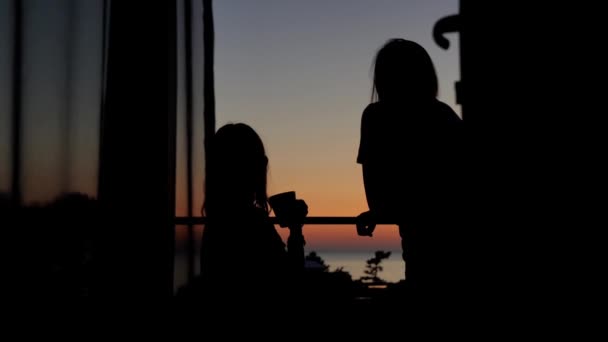 母親と娘がバルコニーに立った瞬間 日没の空を眺めながら会話に魅了され 暖かいバックライトをキャスティング — ストック動画