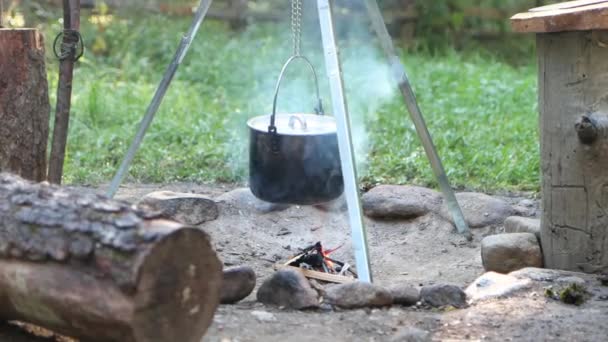 Cooking Food Nature Pot Hanging Fire People — Stock Video