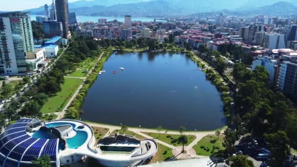 Aerial Video May Park Batumi Highlighting Lake Surrounding City Attractions — Stock Video