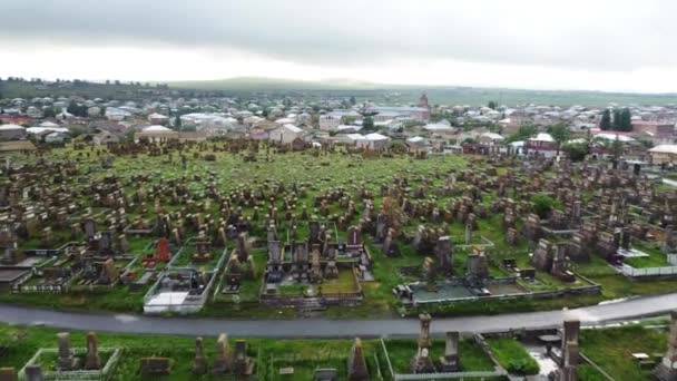 Cimetière Khachkar Arménie Vue Aérienne Monuments Historiques Tentaculaires Travers Paysage — Video