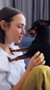 Küçük köpekli bir kadının profil portresi kanepede vakit geçiriyor. Sahibi kucaklayan köpek, kafalarını birbirine vuruyorlar, yakın plan. Dikey görüntüler.
