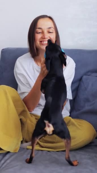 Uma Jovem Mulher Senta Sofá Brincando Com Seu Cachorrinho Usando — Vídeo de Stock