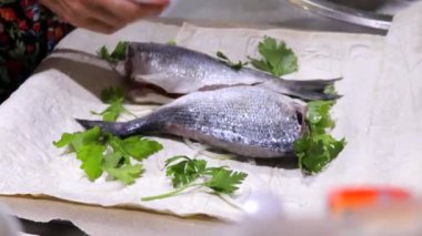 Dorado balığı pişirmek, pide ekmeği ve maydanozla kaplanmış balık pişirmek. Yakından, çiğ dorado balığı..