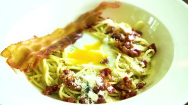 Tavuk, peynir ve yumurtalı spagetti.