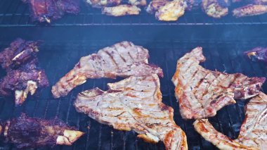 Izgarada kızarmış tavuk ve et.