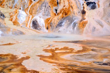 Rotorua, Yeni Zelanda yakınlarındaki Wai-O-Tapu Termal Harikalar Diyarı 'nın canlı ve dünya dışı manzarası. Bu jeotermal park renkli kaplıcalara, kaynayan çamur havuzlarına ve buharlı bacalara sahip, eşsiz ve büyüleyici doğal bir manzara yaratıyor.