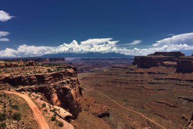 Overlooking the Shafer Trail near Moab, Utah, USA, this stunning viewpoint captures the winding dirt road through red rock canyons and dramatic desert landscape, offering a breathtaking adventure experience clipart