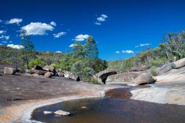 Girraween Ulusal Parkı 'ndaki Bald Rock Creek, Güneydoğu Queensland, Avustralya. Bu manzarada berrak sular, granit kayalar ve çeşitli bitki örtüleri bulunur. Doğa yürüyüşleri ve açık hava keşifleri için mükemmeldir.
