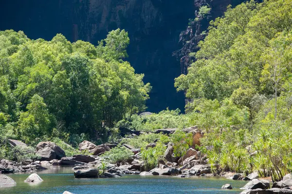 stock image Rugged Outback scenery featuring rocky outcrops and dense bushland. Perfect for travel, nature, and adventure projects highlighting Australia's wild beauty