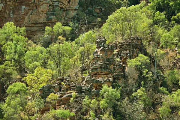 stock image Rugged Outback scenery featuring rocky outcrops and dense bushland. Perfect for travel, nature, and adventure projects highlighting Australia's wild beauty