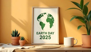 Doğal ahşap çerçeveli bir Dünya Günü 2025 posterinin rustik tarzda bir kopyası. Posterde 