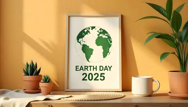 Doğal ahşap çerçeveli bir Dünya Günü 2025 posterinin rustik tarzda bir kopyası. Posterde 