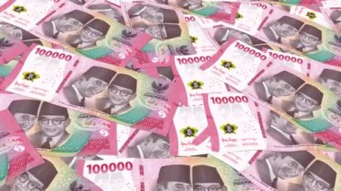 Endonezya 'nın parası. Endonezya rupiası banknotları. 100.000 rupiah para geçmişi. Endonezya ulusal para birimi konsepti. IDR Rupiah döngüsü sonsuz arkaplan hareketi canlandırması.