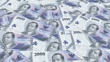 Endonezya 'nın parası. Endonezya rupiası banknotları. 2000 rupiah para geçmişi. Endonezya ulusal para birimi konsepti. IDR Rupiah döngüsü sonsuz arkaplan hareketi canlandırması.