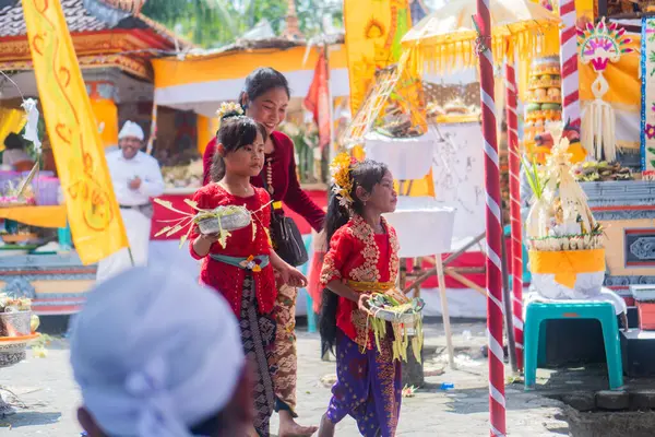 Stock image Beautiful Balinese women in traditional costumes Batik and Kebaya, Indonesia woman in traditional clothes carrying ceremonial offerings on her head