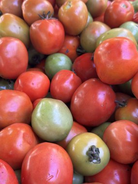 Markette kırmızı ve yeşil domates. Geleneksel kırmızı domates pazarı.