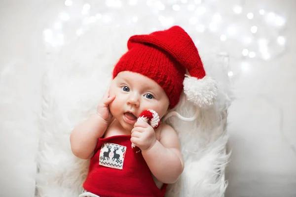 Adorable Sleeping Newborn Baby Wearing Santa Claus Hat Christmas New — Stock Photo, Image