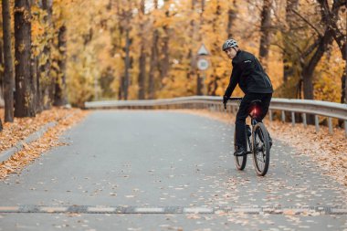 Bisikletli, dağ bisikletli çift sonbahar ormanında bisiklet parkurunda. Sonbahar manzarasında dağ bisikleti.