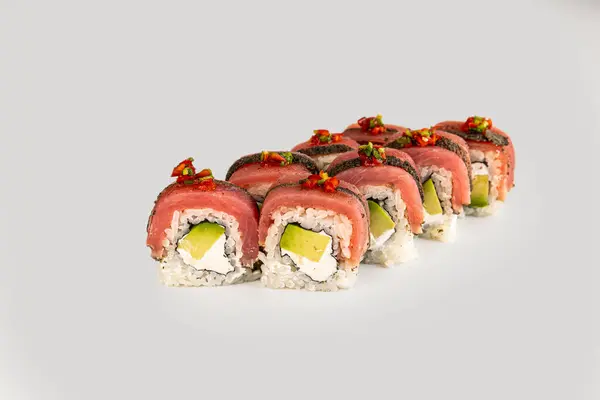 Comer Sushi Com Pauzinhos Sushi Rolar Comida Japonesa Restaurante California — Fotografia de Stock