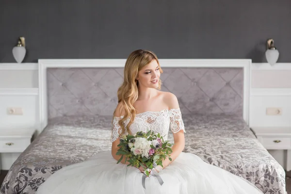 Wedding Bride Beautiful Dress Sitting Sofa Indoors White Studio Interior — Stock Photo, Image