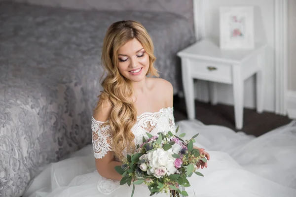Wedding Bride Beautiful Dress Sitting Sofa Indoors White Studio Interior — Stock Photo, Image
