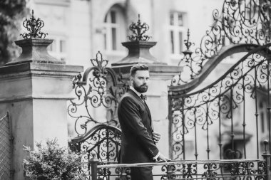 Açık mavi takım elbiseli yakışıklı Çinli genç bir adamın portresi ve beyaz atlet, güneşli bir günde modern şehir binalarıyla yürüyor ve uzaklara bakıyor, kendinden emin iş adamının yan görünüşü..